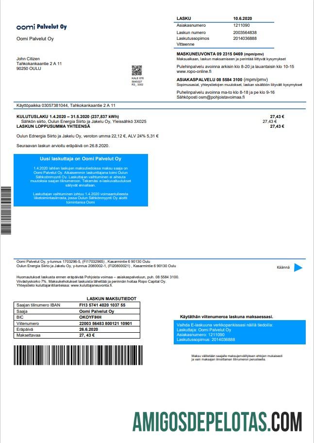 realista Finlândia Oomi Palvelut Oy Modelo de conta de serviços públicos de eletricidade em formato Word e PDF